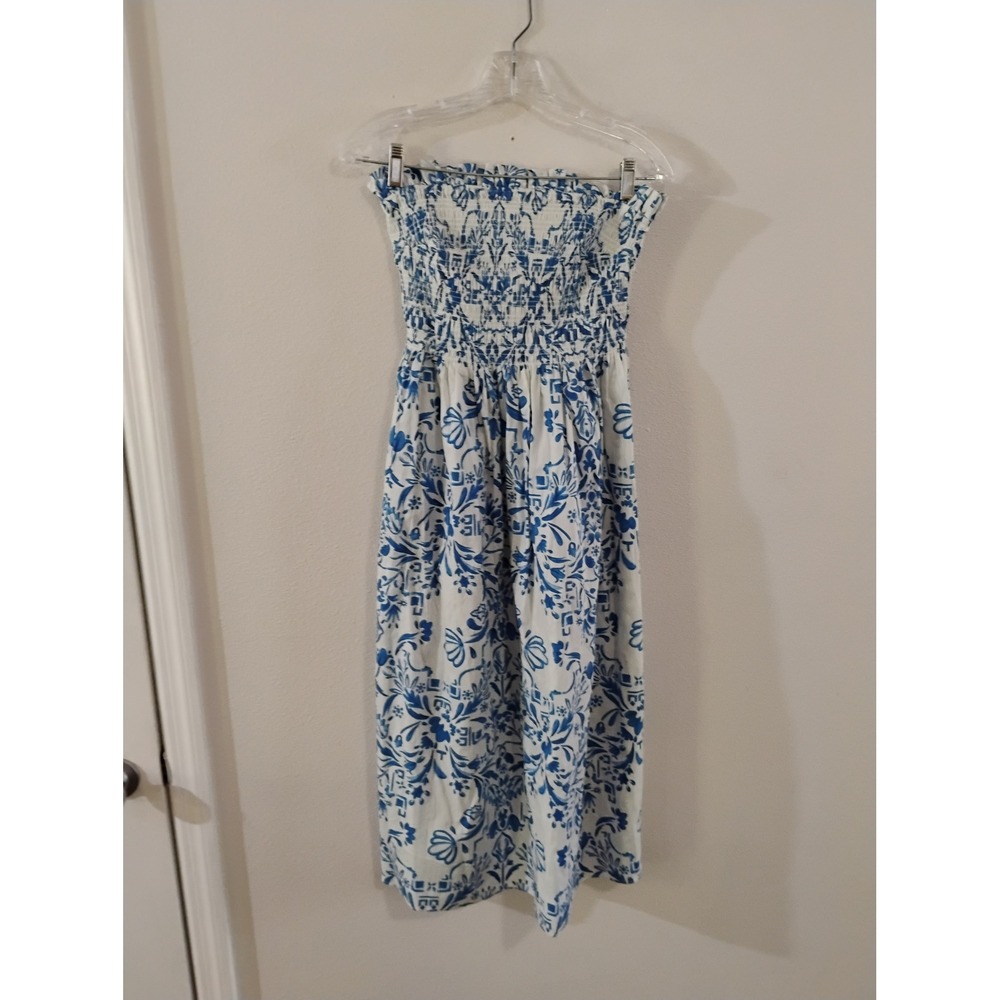 HM Blue White Floral Smocked Strapless Midi Dress M Mediterranean Sun Dress